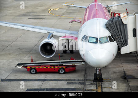 En avion aéroport desservi par l'équipe au sol. Chargement dans l'avion avant le départ.Préparation de l'avion avant le vol. Banque D'Images