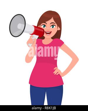 Attractive Woman holding a megaphone/haut-parleur et en maintenant la main sur la hanche. Girl making annonce par mégaphone. Concept de haut-parleur et mégaphone Illustration de Vecteur