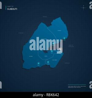 Vector illustration Carte Djibouti avec néon bleu lightpoints - triangle sur fond dégradé bleu foncé. Divisions administratives Illustration de Vecteur