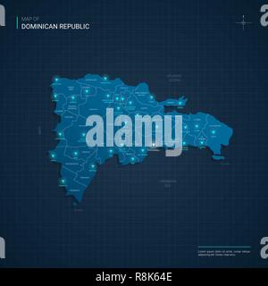 Vector illustration Carte République Dominicaine avec néon bleu lightpoints - triangle sur fond dégradé bleu foncé. Divisions administratives Illustration de Vecteur