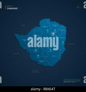 Vector illustration carte Zimbabwe avec néon bleu lightpoints - triangle sur fond dégradé bleu foncé. Divisions administratives Illustration de Vecteur