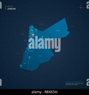 Vector illustration carte Jordanie avec néon bleu lightpoints - triangle sur fond dégradé bleu foncé. Divisions administratives Illustration de Vecteur