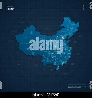 China map Vector illustration avec néon bleu lightpoints - triangle sur fond dégradé bleu foncé. Divisions administratives Illustration de Vecteur