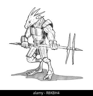 Concept d'encre Dessin Art de Lizard Guerrier en armure Banque D'Images