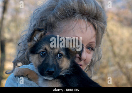 Lugano, Suisse - 19 novembre 2002 : femme avec un chien au refuge d'animaux de Lugano sur la Suisse Banque D'Images