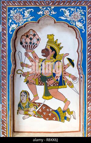 L'Inde, Rajasthan, Nawalgarh, photo murale à l'intérieur d'un haveli, une maison traditionnelle, dieu hindou Hanuman Banque D'Images