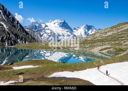 France, Hautes Alpes, Parc National des Ecrins, le lac Goleon (2 438 m) dans le massif de l'Oisans avec la Meije et le râteau (3809m) en arrière-plan Banque D'Images