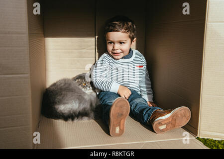 Smiling boy sitting with British longhair cat in cardboard box Banque D'Images