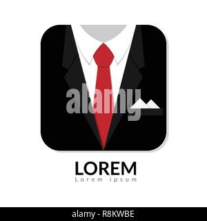 Vector illustration de l'homme noir costume avec chemise blanche et cravate rouge isolé sur fond blanc. business man in suit logo avec copie espace, l'homme en droit sui Illustration de Vecteur