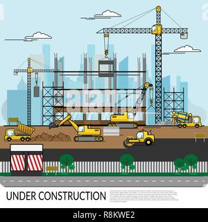 Vecteur de construction site occupé avec les travailleurs , camion , grue et d'équipement lourd travaillent sur la structure du bâtiment avec vue sur la ville à l'arrière-plan. construc Illustration de Vecteur