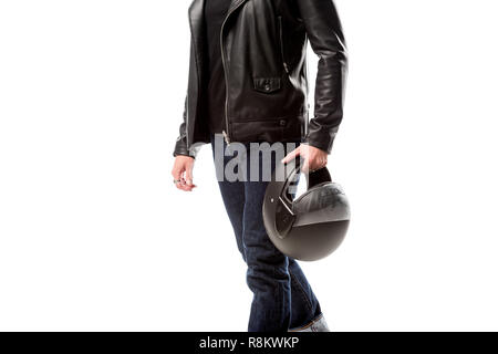 Portrait d'homme en veste en cuir moto holding helmet isolated on white Banque D'Images