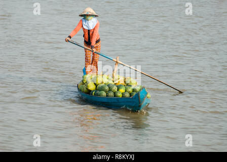 Cambodge, Kampong Chhnang, Tonle Sap, l'activité du matin sur la rivière Tonle Sap, coco et des pastèques en direction du marché de Kampong Chhnang Banque D'Images