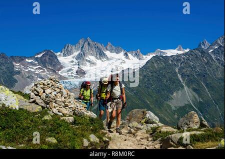 France, Haute-Savoie, Argentière, Aiguilles Rouges, Tour du Mont Blanc, col de la tête aux vents, avec glacier du Tour et les aiguilles dorées dans le dos Banque D'Images