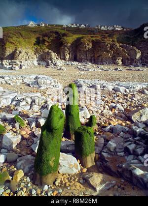 Une vue ensoleillée de la plage de galets à Ogmore-by-Sea sur la côte du Glamorgan. Banque D'Images