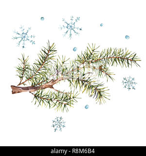 Carte de Vœux de Noël hiver aquarelle avec des branches d'arbre et les flocons. Illustration peinte à la main naturel isolé sur fond blanc Banque D'Images