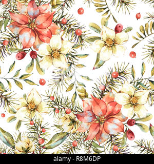 Floral motif transparent vintage aquarelle, Nouvel an avec décoration poinsettia, branches de pins, de fruits rouges, de fleurs. Illustration naturel botanique o Banque D'Images