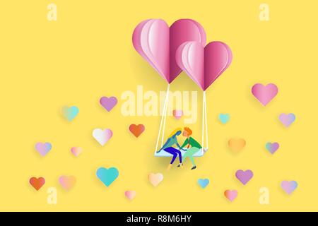 Illustration de l'amant assis sur swing par ballon coeur rouge flottant avec petit coeur se répandre sur fond jaune. le papier pour la saint valentin style conc Illustration de Vecteur