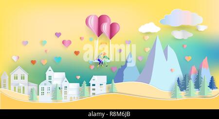 Illustration de l'amant assis sur swing par ballon coeur rouge flottant avec petit coeur sur nuage de ciel au-dessus de l'arbre,maisons et montagne. style art papier fo Illustration de Vecteur