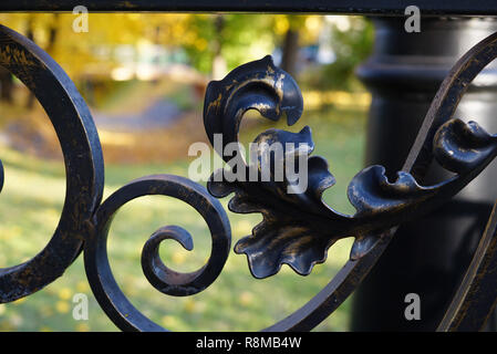 Faux équerrage close-up. Derrière la clôture est un parc, un lampadaire, un pont. Clôture métallique avec de belles boucles forgées et formes. Il y a des éraflures et scra Banque D'Images