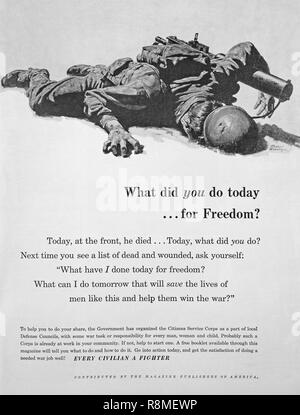 La Deuxième Guerre mondiale, Poignant magazine advertisement rappelant aux travailleurs de guerre américain sur l'avant à la maison afin d'appuyer les troupes au combat. Banque D'Images