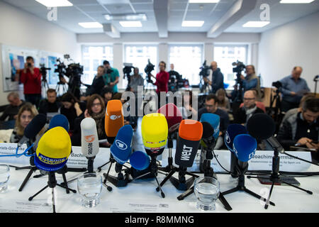 16 décembre 2018, la Bavière, Nuremberg : de nombreux microphones des journalistes sont debout sur une table lors d'une conférence de presse sur l'arrestation de l'knifeman de Nuremberg. L'auteur est dit d'avoir poignardé trois femmes le 13 décembre à de courts intervalles dans environ trois heures. Photo : Daniel Karmann/dpa Banque D'Images
