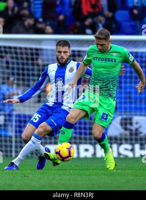 Barcelone, Espagne. Dec 16, 2018. RCD Espanyol's David Lopez (L) rivalise avec Real Betis' Joaquin Sanchez Rodriguez lors d'un match de championnat espagnol entre le RCD Espanyol et Real Betis à Barcelone, Espagne, le 16 décembre 2018. Real Betis a gagné 3-1. Credit : Joan Gosa/Xinhua/Alamy Live News Banque D'Images