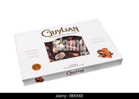 Boîte de chocolats de luxe Guylian, formé en forme de coquillage. Chocolats belges de luxe. Banque D'Images