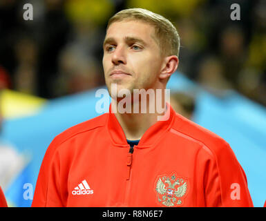 Solna, Suède - le 20 novembre 2018. Le milieu de terrain de l'équipe nationale de football de la Russie Yury Gazinsky avant l'UEFA Ligue des Nations Unies correspondent à la Suède contre la Russie à Stockho Banque D'Images