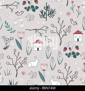 Cute vector printemps modèle transparent avec cartoon doodle fleurs, arbres en fleurs, des lièvres, des oiseaux et des maisons Illustration de Vecteur