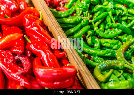 Une grande variété de poivrons, dont l'Italien Poivrons et piments, sont affichées à l'autoroute Buford Farmers Market à Doraville, Géorgie. Banque D'Images