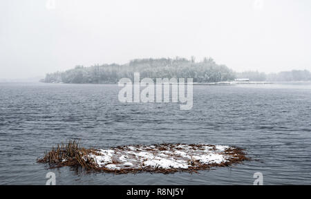 Vue sur le fleuve Dniepr pendant un jour d'hiver froid et neigeux. Le ciel est couvert par les nuages et les flocons de neige tomber doucement sur les arbres et sur le sol Banque D'Images