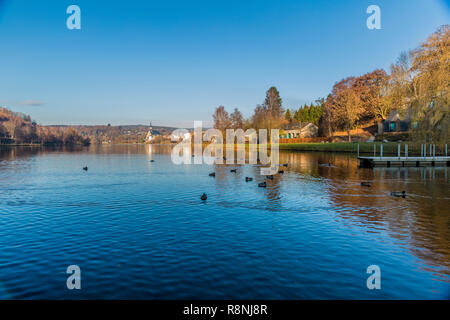 Les Doyards lac avec un reflet merveilleux avec des canards dans l'eau et le village de Vielsalm en arrière-plan dans les Ardennes Belges Banque D'Images