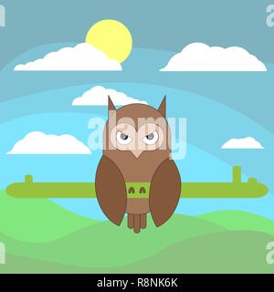 Owl in cartoon style plate sur l'arrière-plan de prairies, de soleil et de nuages. Vector illustration sur fond blanc. Illustration de Vecteur