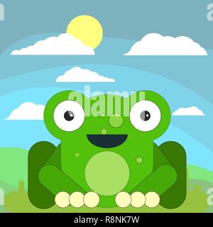 Grenouille dans cartoon style plate sur l'arrière-plan de prairies, de soleil et de nuages. Vector illustration sur fond blanc. Illustration de Vecteur