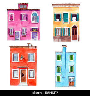 Ensemble d'image de couleurs à l'aquarelle d'une des maisons de Burano isolé sur fond blanc. Clipart pour votre conception de cartes, invitations, backgrou Banque D'Images