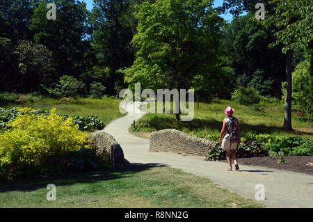 Lone Woman Walking on Path au pont de pierre, à sec RHS Garden Harlow Carr, Harrogate, Yorkshire. UK. Banque D'Images