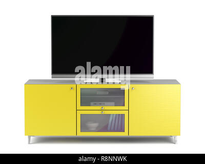 Télévision avec écran vide sur un meuble de télé moderne jaune Banque D'Images