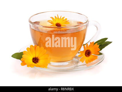 Thé de fleurs fraîches de calendula isolé sur fond blanc Banque D'Images