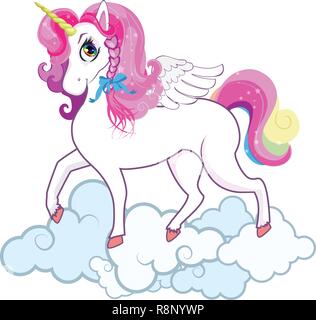 Poney licorne blanche avec de grands yeux, corne d'or, les ailes en plumes rose et mane, sabots sur le nuage isolé sur fond blanc. Cute cartoon character. Illustration de Vecteur