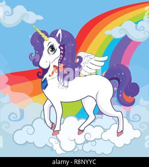 Vector cartoon Illustration enfants multicolores de white pony princess unicorn personnage avec de grands yeux, corne d'or, les ailes de plumes et de pourpre mane stand Illustration de Vecteur