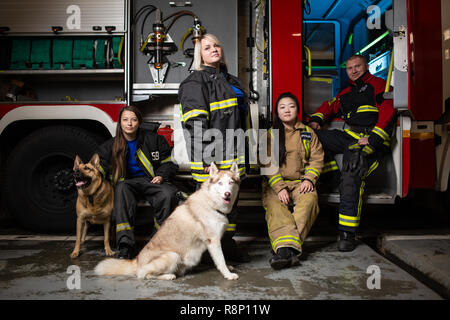 Photo de trois firewomen,pompier et chien sur fond de camion d'incendie Banque D'Images