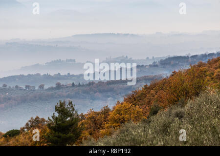 Remplissage d'un brouillard dans la vallée de l'Ombrie (Italie), avec des couches de montagnes et de collines et les arbres en premier plan avec des couleurs d'automne Banque D'Images