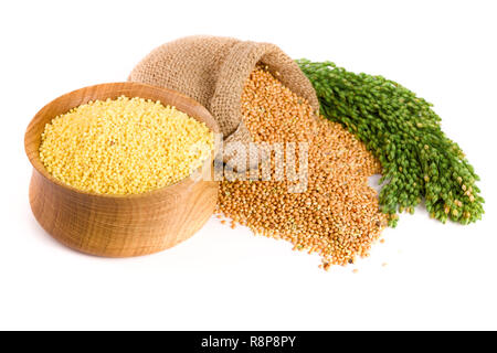 Millet dans un bol en bois, sac de toile et d'épillets vert isolé sur fond blanc Banque D'Images