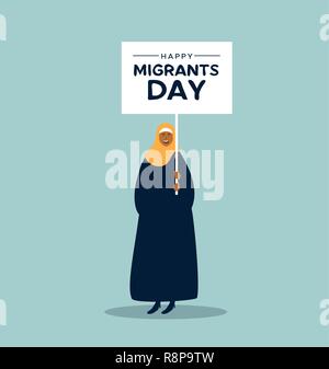 La Journée internationale des migrants, l'illustration. Jeune femme du Moyen-Orient en hijab signe de protestation tenue à la migration mondiale des réfugiés ou mars concept parade. Illustration de Vecteur