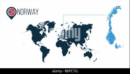 La Norvège sur la carte du monde de l'infographie. Tous les pays du monde sans nom. La Norvège drapeau rond dans la carte borne ou marqueur. vector illustration Illustration de Vecteur