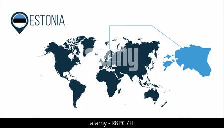 Situation de l'Estonie sur la carte du monde de l'infographie. Tous les pays du monde sans nom. L'Estonie drapeau rond dans la carte borne ou marqueur. vector illustratio Illustration de Vecteur