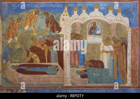 Découverte des reliques de Saint Euthymius de Souzdal représenté dans les fresques d'icône russe peintres Gury Nikitin et Sila Savin (1689) à Saint Euthymius' Chapelle de la cathédrale de la Transfiguration à Saint Euthymius' monastère à Suzdal, la Russie. Banque D'Images
