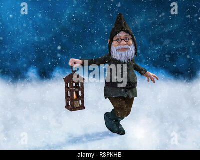 Le rendu 3D d'un elfe ou gnome de Noël tenant une lanterne magique entouré par la neige. Banque D'Images