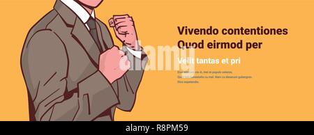 Angry businessman showing fists prêt à combattre défi concentration concept conflit style rétro pop art portrait personnage masculin copie espace horizontal Illustration de Vecteur