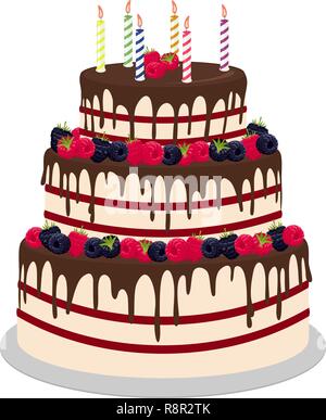 Mariage à trois niveaux ou gâteau d'anniversaire en chocolat, décoré d'paspberries et bleuets isolé sur un fond blanc. Vector illustration pour un menu ou un catalogue de confiserie Illustration de Vecteur